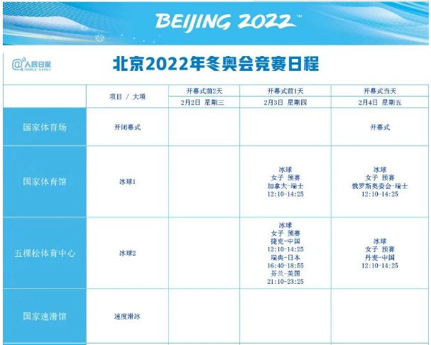2022北京冬奥会赛程时间表完整版